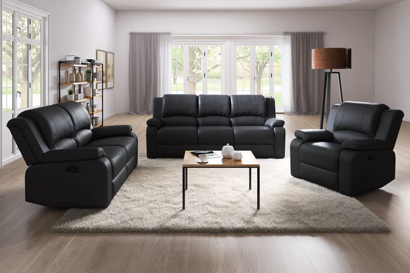 Norbo Mukava Recliner-sohva 3-istuttava Keinonahka - Kallistettava sohva - Kotiteatterisohva - Musta - Huonekalut - Sohva - Mekanismisohva - 3 istuttava mekanismisohva