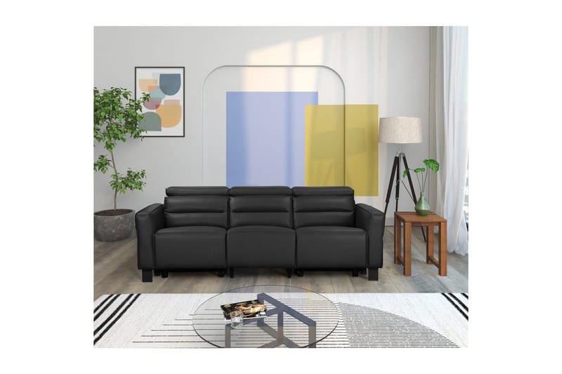 Recliner-sohva ilman kulmaa Loft24 3-istuttava sohva Loft24 Carpari, 2 sähköistä recliner-toimintoa Musta Keinonahka - Huonekalut - Sohva - Mekanismisohva - 3 istuttava mekanismisohva