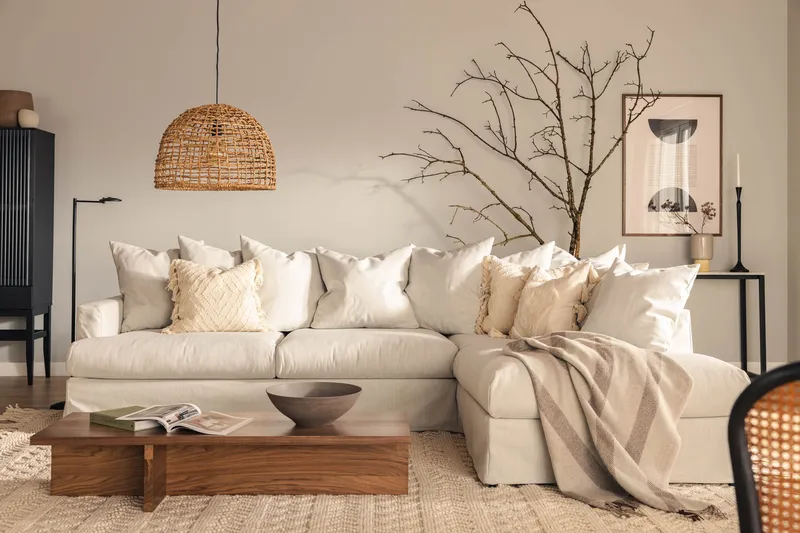 Menard Sohvaryhmä 4-istuttava Oikeakätinen L-muotoinen Divaanisohva + Nojatuoli Kankaalla - Vaaleanharmaa - Huonekalut - Sohva - Sohvaryhmä