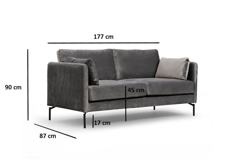 Mezonzo 2-istuttava samettisohva 177 cm kapeilla käsinojilla - Harmaa - Huonekalut - Sohva - 2:n istuttava sohva