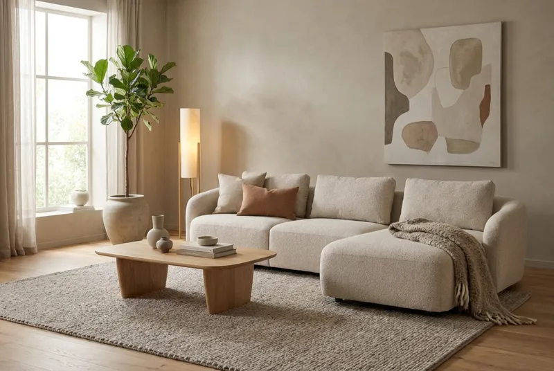 Milano 5-istuttava pyöristetty oikeakätinen L-sohva matalalla selkänojalla, beige bouclé - Huonekalut - Sohva - Divaanisohva