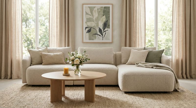 Milano 5-istuttava Pyöristetty Oikeakätinen L-sohva Matalla Selkänojalla Beige Boucle - Huonekalut - Sohva - Divaanisohva