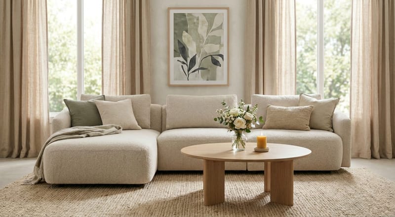 Milano 5-istuttava Pyöristetty Casenkätinen L-sohva Matalalla Selkänojalla, Beige Boucle - Huonekalut - Sohva - Divaanisohva