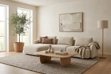 Milano 5-istuttava pyöristetty vasenkätinen L-sohva matalalla selkänojalla, beige bouclé - Beige - Huonekalut - Sohva - Divaanisohva