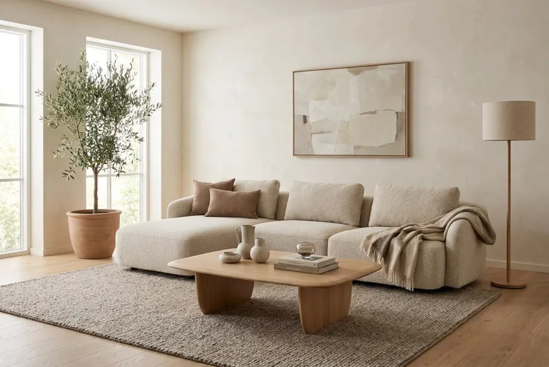 Milano 5-istuttava pyöristetty vasenkätinen L-sohva matalalla selkänojalla, beige bouclé - Huonekalut - Sohva - Divaanisohva