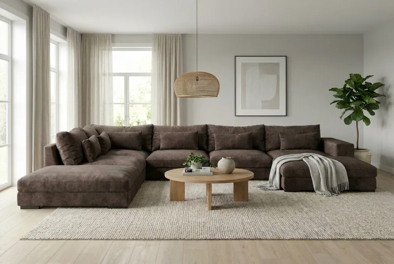 Dubai U-moduulisohva divaanilla oikea, erikoissyvä chenille-kankaalla - Tummanruskea - Huonekalut - Sohva - Moduulisohva - Moduulisohvakokonaisuus