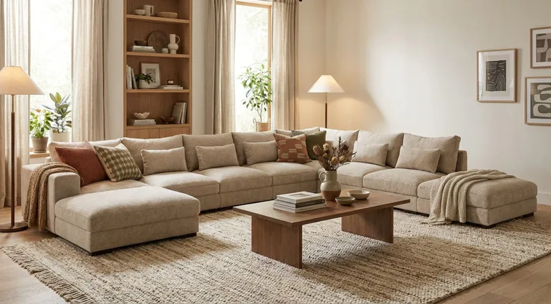 Dubai U-moduulisohva Large, divaani vasen, erikoissyvä chenille-kankaalla - Beige - Huonekalut - Sohva - Moduulisohva - Moduulisohvakokonaisuus