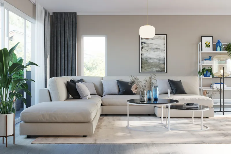 Arken 6-istuttava Käännettävä L-muotoinen Modulaarikulmasohva Divaanilla + Rahi Kankaalla, Beige