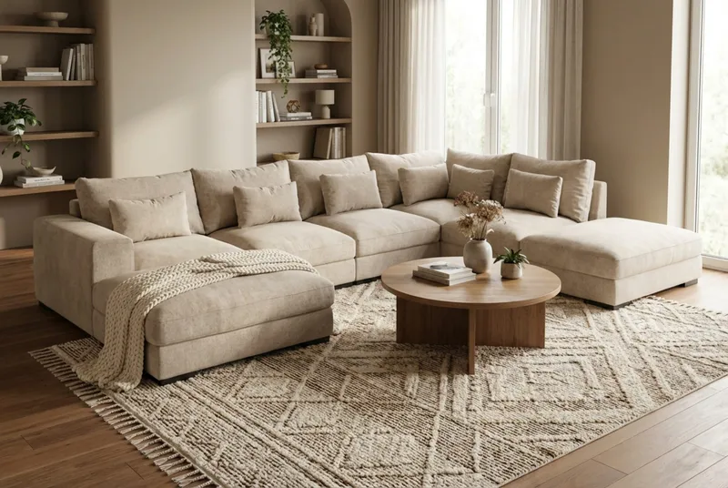 Dubai suuri U-sohvan moduuli divaanilla vasen, erikoissyvä chenille-kankaalla - Beige - Huonekalut - Sohva - Moduulisohva - Moduulisohvakokonaisuus