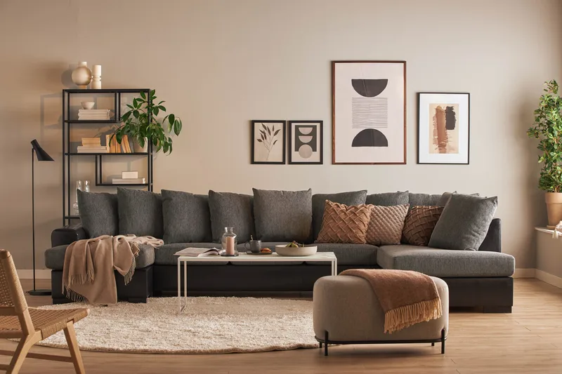 Ocean 5-istuttava Oikeakätinen U-muotoinen Large Sohva Divaanilla ja Divaaniosalla Keinonahkasta/Kankaasta - Harmaa / Musta - Huonekalut - Sohva - Nahkasohva