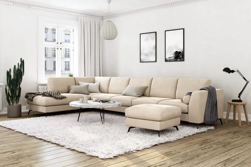 Ocean Lyx 6-istuttava Vasenkätinen U-muotoinen Sohva Divaanilla ja Divaanituolilla + Rahi Sametilla - Beige - Huonekalut - Sohva - Divaanisohva
