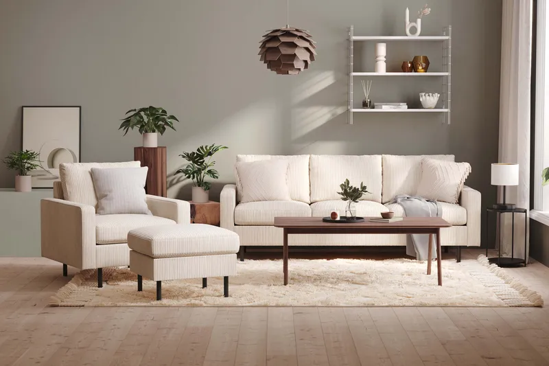 Peppe Sohvaryhmä 3-istuttava Sohva + Nojatuoli + Rahi Manchester-kankaalla - Beige - Huonekalut - Sohva - Sohvaryhmä