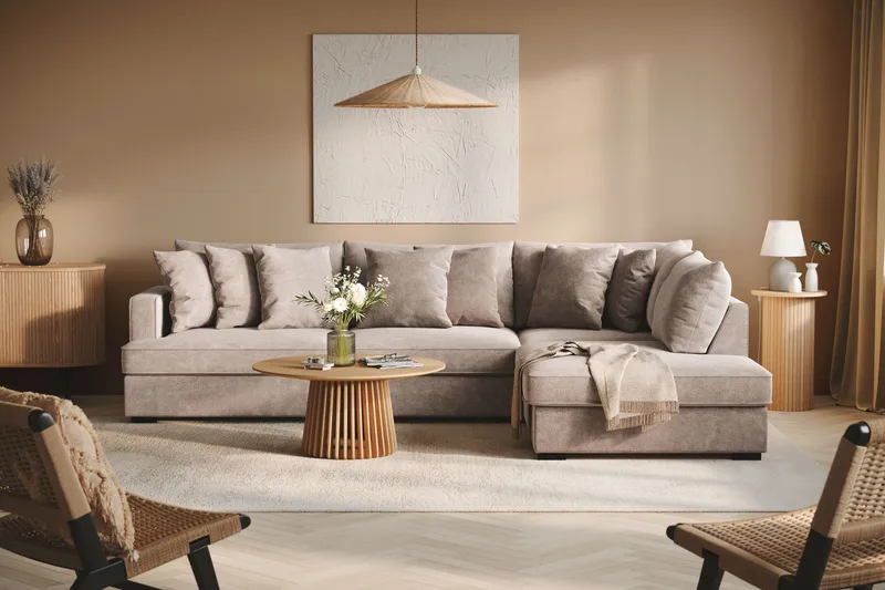 Rossita 4-istuttava Oikeakätinen L-muotoinen Syvä Leponurkkasohva Chenillestä - Harmaa / Ruskea - Huonekalut - Sohva - Divaanisohva