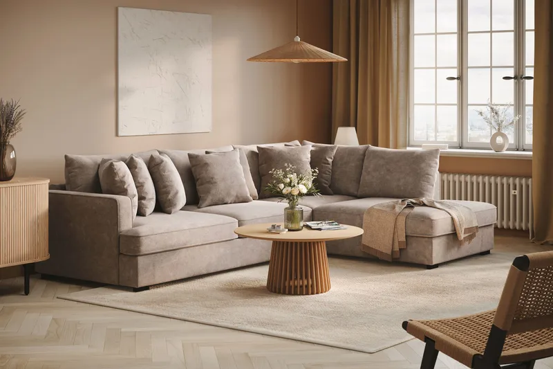 Rossita 4-istuttava Oikeakätinen L-muotoinen Syvä Leponurkkasohva Chenillestä - Harmaa / Ruskea - Huonekalut - Sohva - Divaanisohva