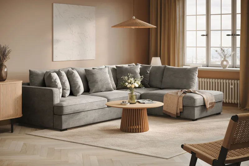 Rossita 4-istuttava Oikeakätinen L-muotoinen Syvä Leponurkkasohva Chenillestä - Harmaa - Huonekalut - Sohva - Divaanisohva