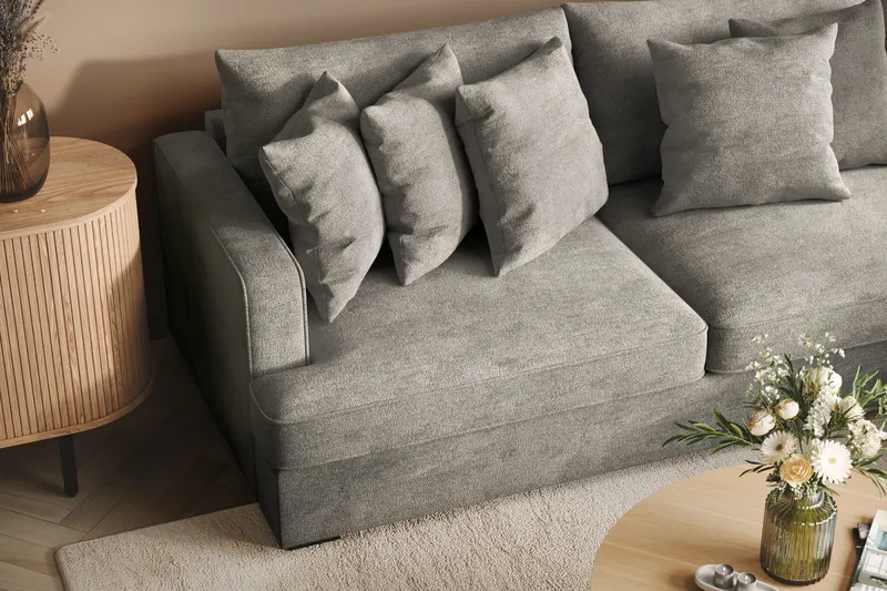 Rossita 4-istuttava Oikeakätinen L-muotoinen Syvä Leponurkkasohva Chenillestä - Harmaa - Huonekalut - Sohva - Divaanisohva