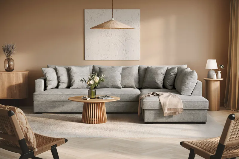 Rossita 4-istuttava Oikeakätinen L-muotoinen Syvä Leponurkkasohva Chenillestä - Harmaa - Huonekalut - Sohva - Divaanisohva