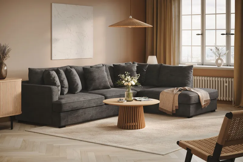 Rossita 4-istuttava Oikeakätinen L-muotoinen Syvä Leponurkkasohva Chenillestä - Musta - Huonekalut - Sohva - Divaanisohva