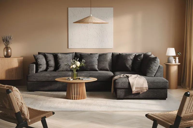 Rossita 4-istuttava Oikeakätinen L-muotoinen Syvä Leponurkkasohva Chenillestä - Musta - Huonekalut - Sohva - Divaanisohva