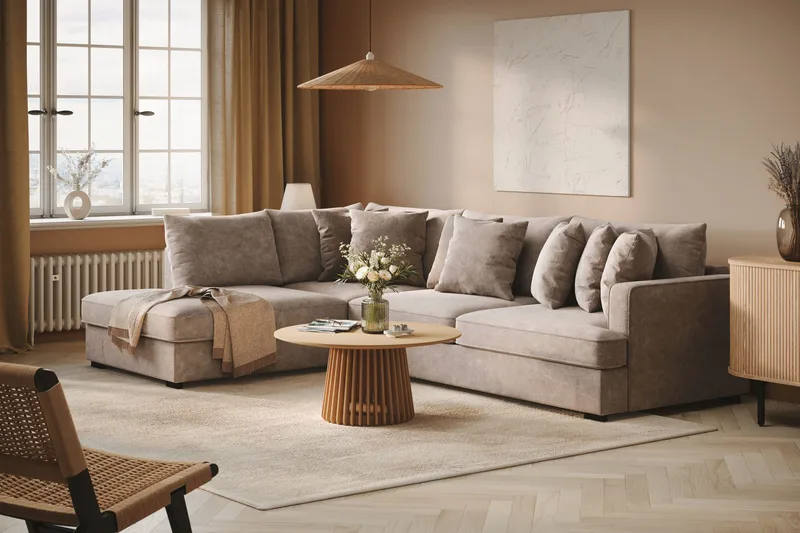 Rossita 4-istuttava Vasenkätinen L-muotoinen Syvä Leponurkkasohva Chenillestä - Harmaa / Ruskea - Huonekalut - Sohva - Divaanisohva