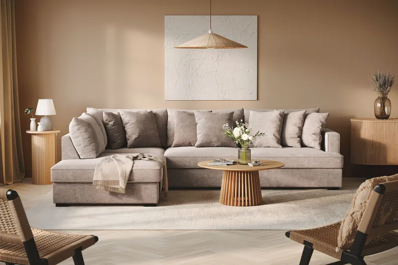 Rossita 4-istuttava Vasenkätinen L-muotoinen Syvä Leponurkkasohva Chenillestä - Harmaa / Ruskea - Huonekalut - Sohva - Divaanisohva