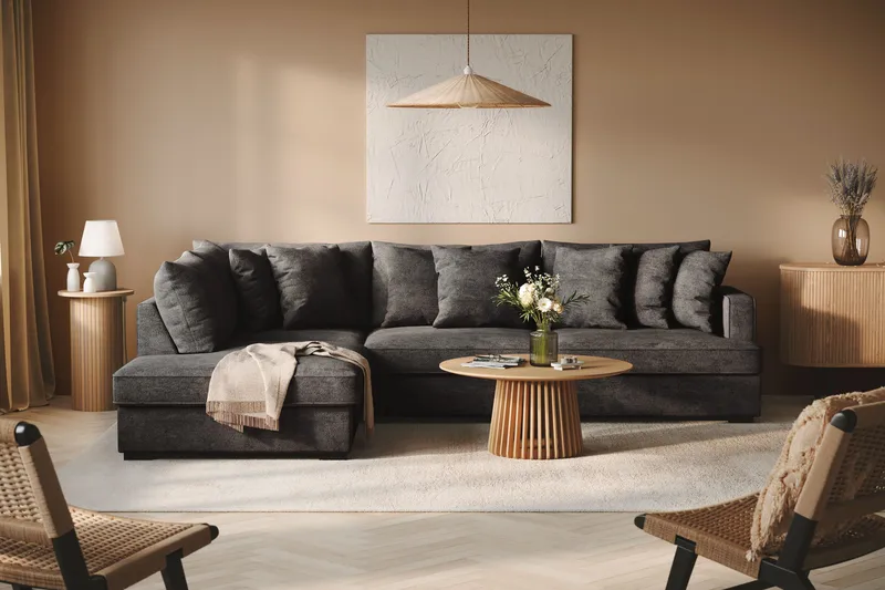 Rossita 4-istuttava Vasenkätinen L-muotoinen Syvä Leponurkkasohva Chenillestä - Musta - Huonekalut - Sohva - Divaanisohva