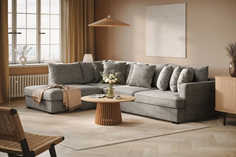 Rossita 4-istuttava Vasenkätinen L-muotoinen Syvä Leponurkkasohva Chenillestä - Vaaleanharmaa - Huonekalut - Sohva - Divaanisohva