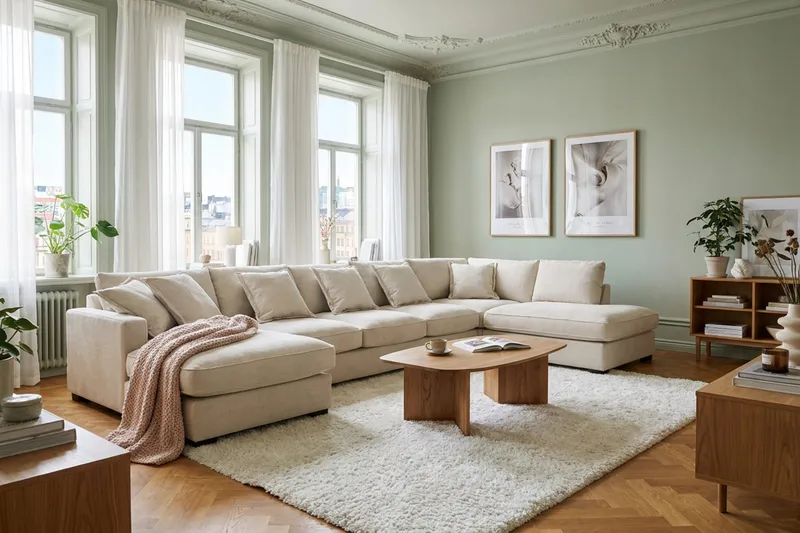 Rossita Lyx 6-istuttava Oikeakätinen U-muotoinen Extra syvä Sohva Divaanilla ja Lepotuoliosalla Chenille-kankaalla - Beige - Huonekalut - Sohva - Divaanisohva