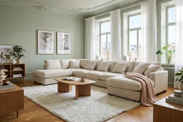 Rossita Lyx 6-istuttava Vasenkätinen U-muotoinen Extra syvä Sohva Divaanilla ja Lepotuoliosalla Chenille-kankaalla - Trenza 06, Beige Chenille - Huonekalut - Sohva - Divaanisohva