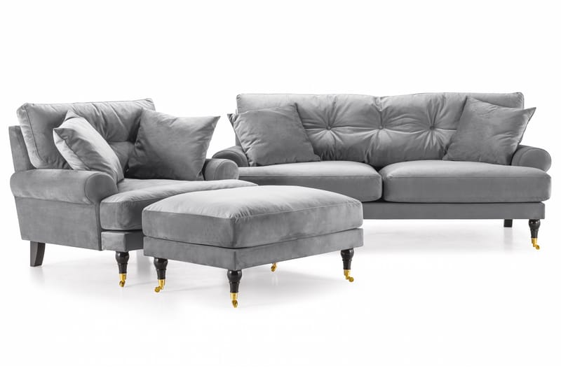Andrew Sohvaryhmä 2-istuttava Sohva + Nojatuoli + Rahi Sametilla - Vaaleanharmaa - Huonekalut - Sohva - Sohvaryhmä - Howard-sohvaryhmä
