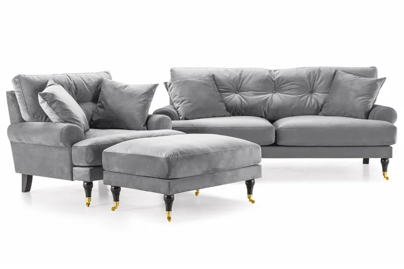 Andrew Sohvaryhmä 2-istuttava Sohva + Nojatuoli + Rahi Sametilla - Vaaleanharmaa - Huonekalut - Sohva - Sohvaryhmä - Howard-sohvaryhmä