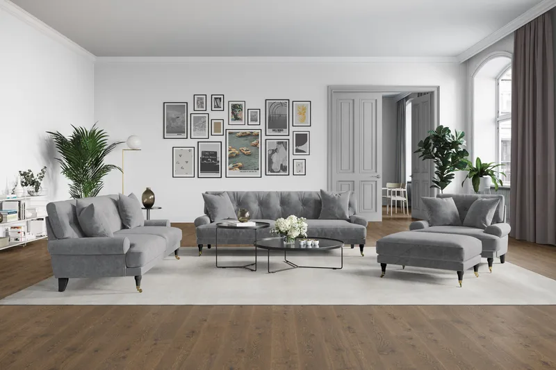 Andrew Sohvaryhmä 3-istuttava + 2-istuttava Sohva + Nojatuoli + Rahi Sametilla - Vaaleanharmaa - Huonekalut - Sohva - Sohvaryhmä - Howard-sohvaryhmä