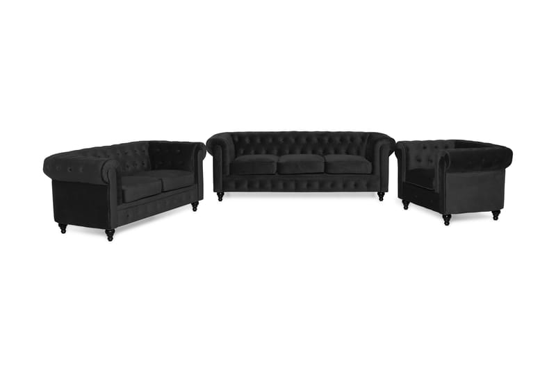 Chesterfield Lyx Moderni sohvaryhmä 3+2+1 sametista - Musta - Huonekalut - Sohva - Sohvaryhmä - Chesterfield sohvaryhmä