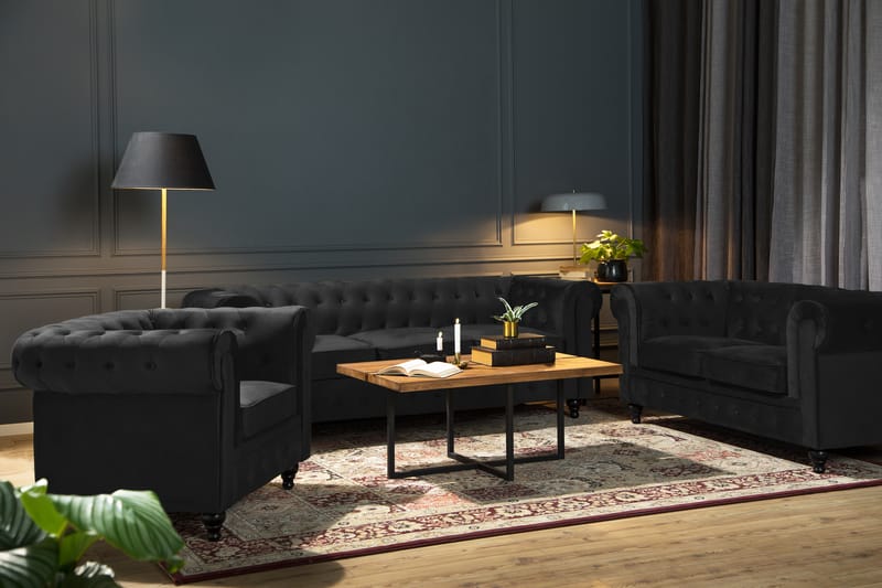 Chesterfield Lyx Moderni sohvaryhmä 3+2+1 sametista - Musta - Huonekalut - Sohva - Sohvaryhmä - Chesterfield sohvaryhmä