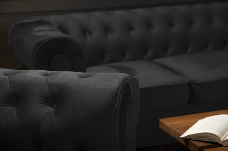Chesterfield Lyx Moderni sohvaryhmä 3+2+1 sametista - Musta - Huonekalut - Sohva - Sohvaryhmä - Chesterfield sohvaryhmä