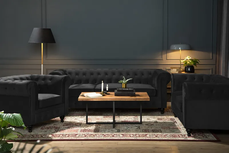 Chesterfield Lyx Moderni sohvaryhmä 3+2+1 sametista - Musta - Huonekalut - Sohva - Sohvaryhmä - Sohvaryhmä 3 2 1