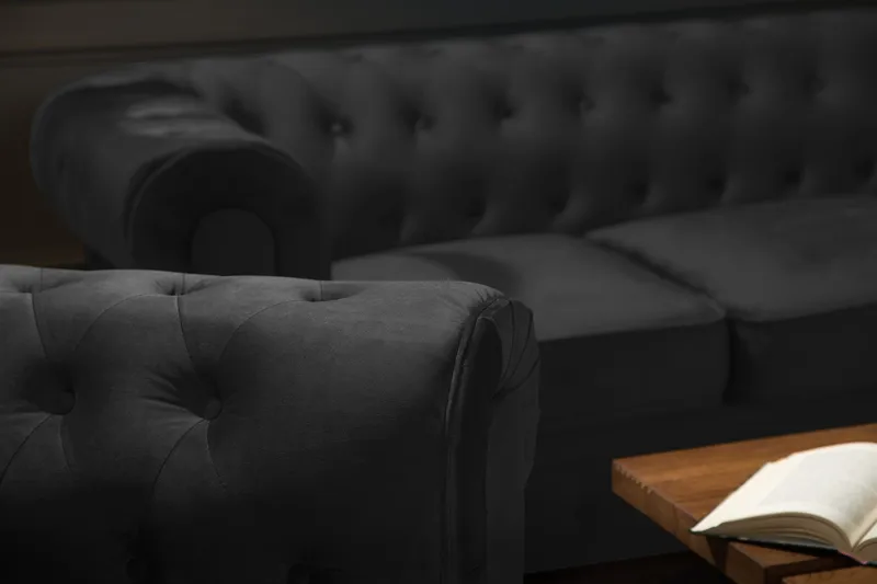 Chesterfield Lyx Moderni sohvaryhmä 3+2+1 sametista - Musta - Huonekalut - Sohva - Sohvaryhmä - Sohvaryhmä 3 2 1