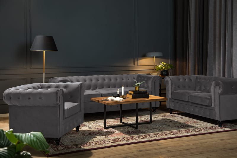 Chesterfield Lyx Sohvaryhmä 2-istuttava+nojatuoli sametti - Harmaa - Huonekalut - Sohva - Sohvaryhmä - Chesterfield sohvaryhmä