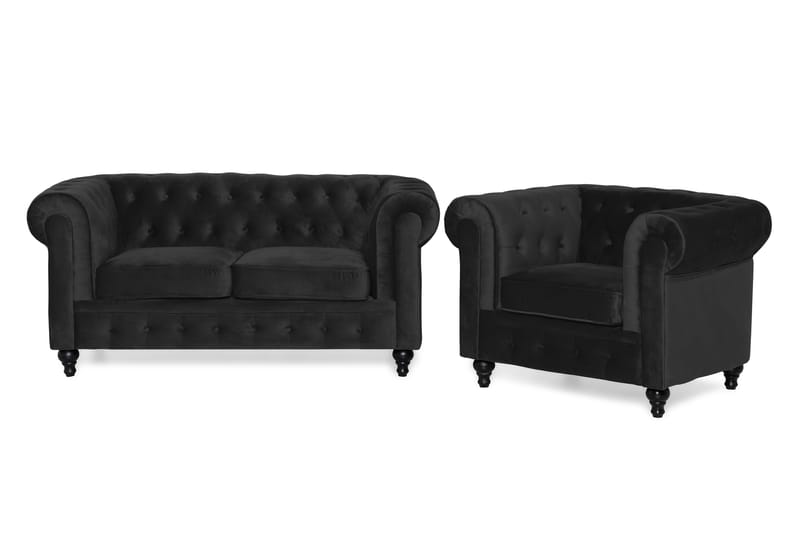 Chesterfield Lyx Sohvaryhmä 2-istuttava+nojatuoli sametti - Musta - Huonekalut - Sohva - Sohvaryhmä - Chesterfield sohvaryhmä