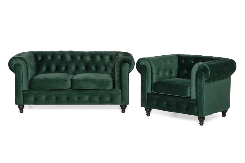 Chesterfield Lyx Sohvaryhmä 2-istuttava+nojatuoli sametti - Vihreä - Huonekalut - Sohva - Sohvaryhmä - Chesterfield sohvaryhmä