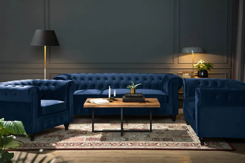 Chesterfield Lyx Sohvaryhmä 3+2+1 sametista - Sininen - Huonekalut - Sohva - Sohvaryhmä - Sohvaryhmä 3 2 1