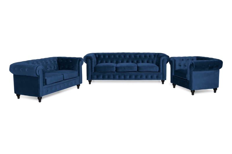 Chesterfield Lyx Sohvaryhmä 3+2+1 sametista - Sininen - Huonekalut - Sohva - Sohvaryhmä - Chesterfield sohvaryhmä