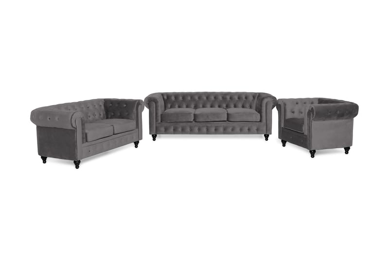 Chesterfield Lyx Sohvaryhmä 3+2+1 sametista - Tummanharmaa - Huonekalut - Sohva - Sohvaryhmä - Chesterfield sohvaryhmä