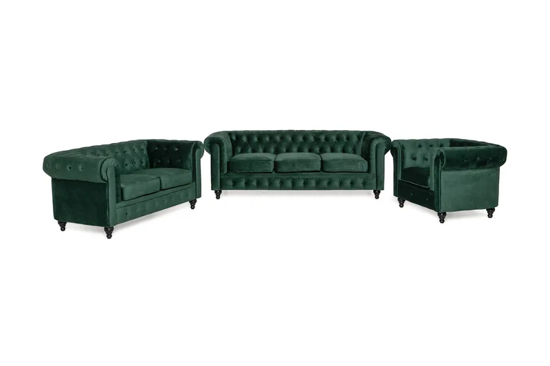 Chesterfield Lyx Sohvaryhmä 3+2+1 sametista, Vihreä