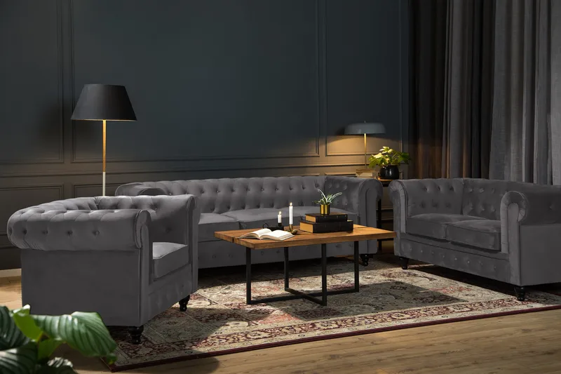 Chesterfield Lyx Sohvaryhmä 3+2 sametista - Tummanharmaa - Huonekalut - Sohva - Sohvaryhmä - Chesterfield sohvaryhmä