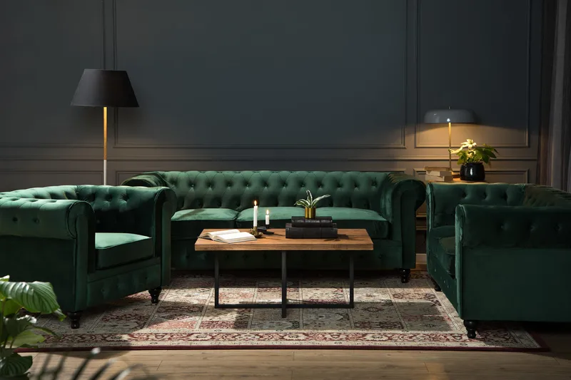 Chesterfield Lyx Sohvaryhmä 3+2 sametista - Tummanvihreä - Huonekalut - Sohva - Sohvaryhmä - Chesterfield sohvaryhmä