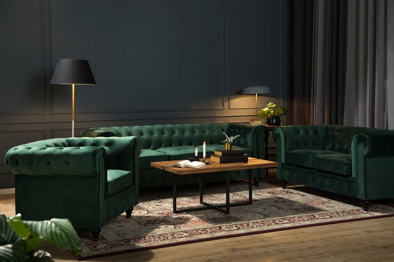 Chesterfield Lyx Sohvaryhmä 3+2 sametista - Tummanvihreä - Huonekalut - Sohva - Sohvaryhmä - Chesterfield sohvaryhmä