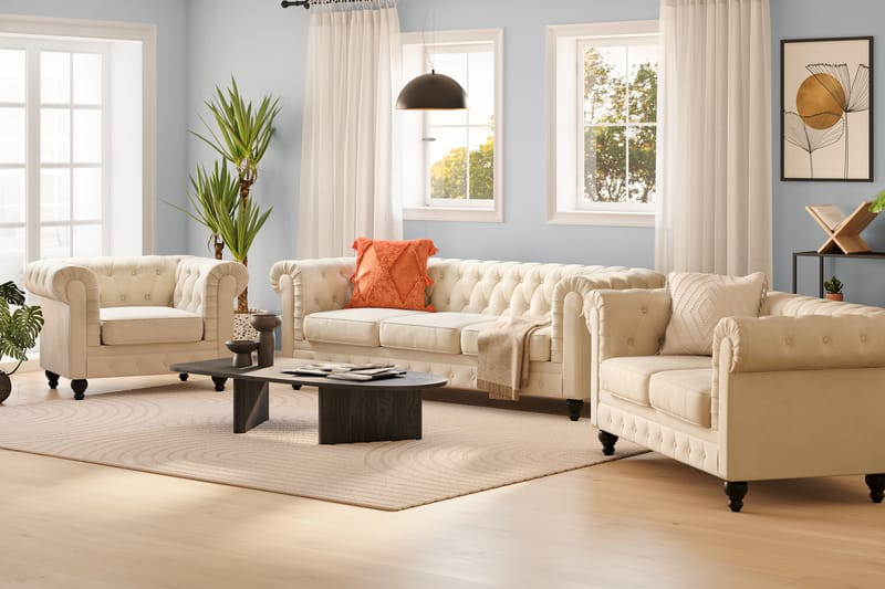 Chesterfield Lyx Sohvaryhmä 3-istuttava+2-istuttava+nojatuoli - Beige - Huonekalut - Sohva - Sohvaryhmä - Chesterfield sohvaryhmä