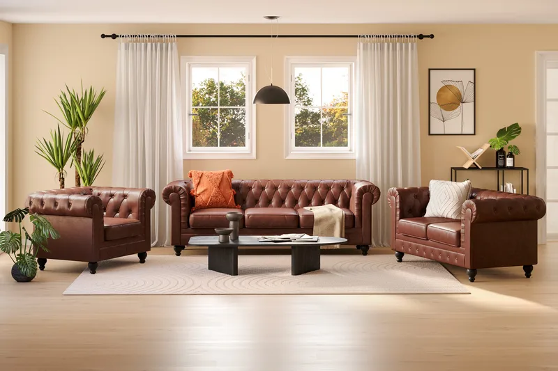 Chesterfield Lyx Sohvaryhmä 3-istuttava+2-istuttava+nojatuoli - Ruskea - Huonekalut - Sohva - Sohvaryhmä - Sohvaryhmä 3 2 1