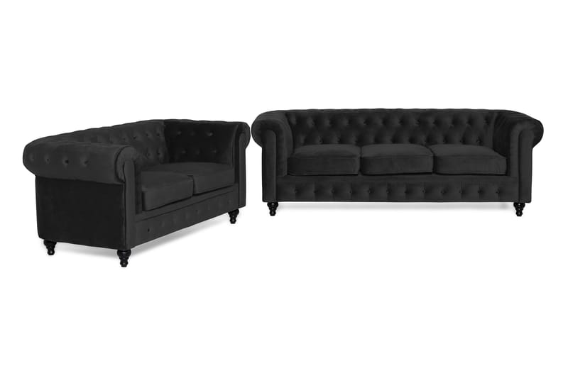 Chesterfield Lyx Sohvaryhmä 3+2 sametista - Musta - Huonekalut - Sohva - Sohvaryhmä - Chesterfield sohvaryhmä